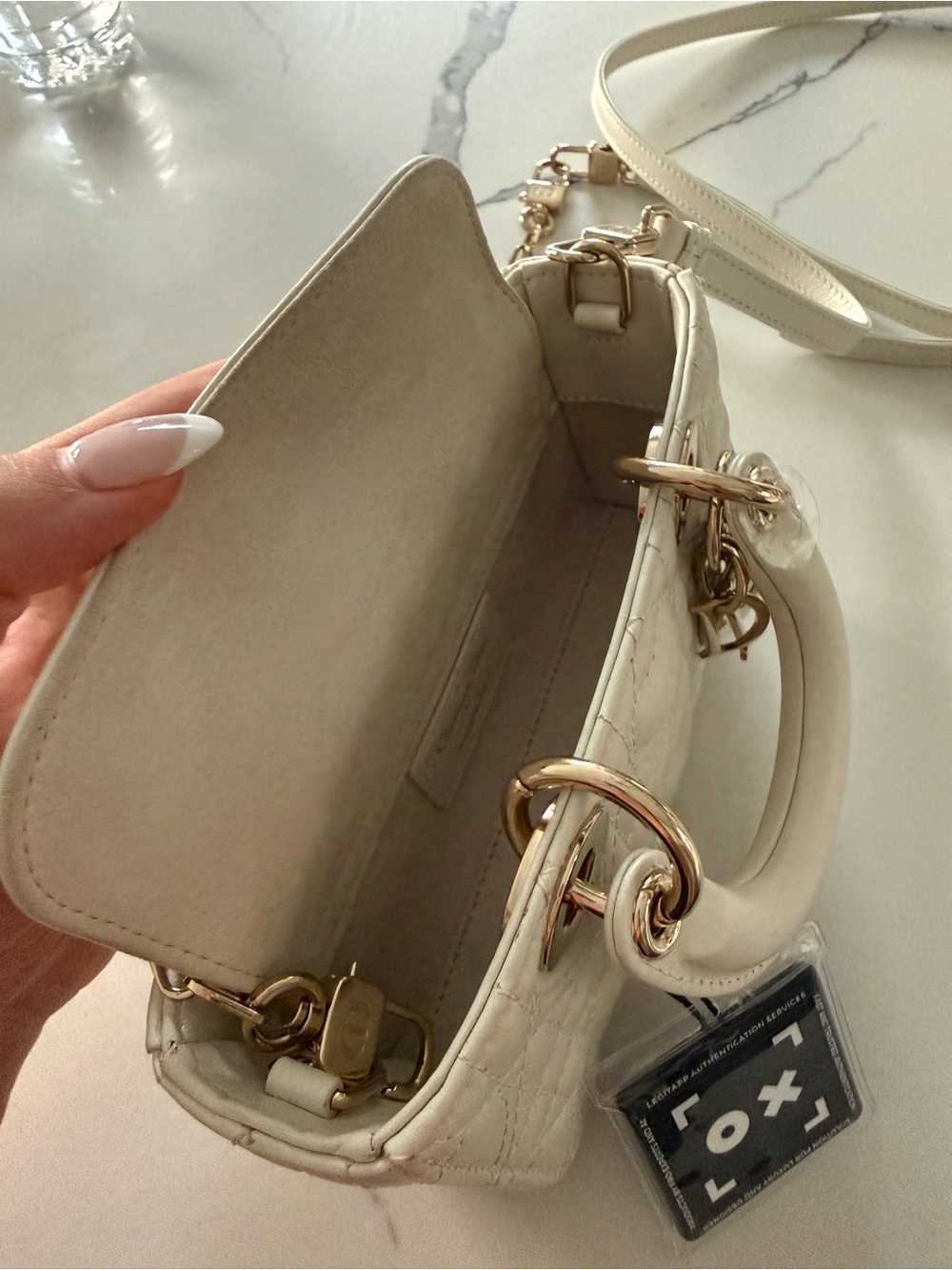 Dior Cream Quilted Mini Top-Handle Crossbody with Gold Hardware - Picture 4 of 8